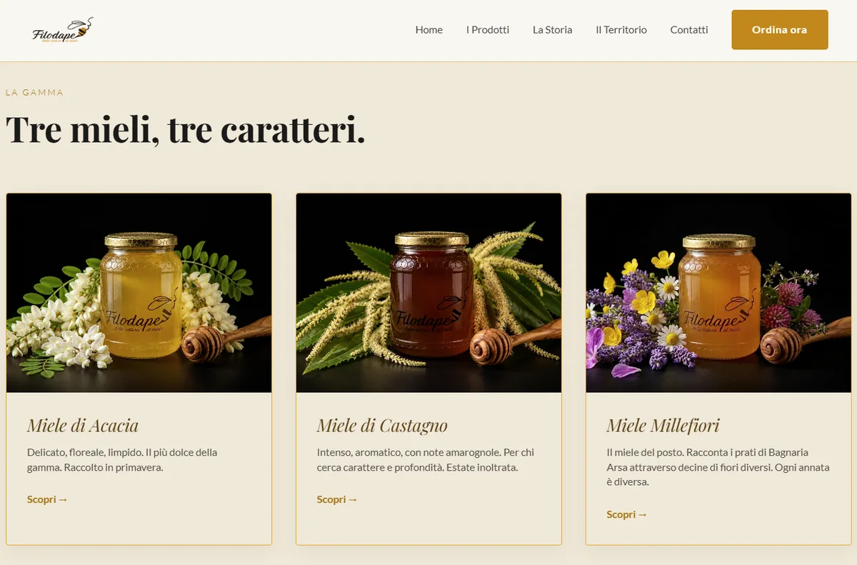 Screenshot del sito Filodape, apicoltura artigianale in FVG